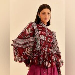 Farm Rio Pineapple Inspiration Burgundy Ruffle Blouse Size XS.